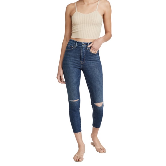 Good American Good Waist Cropped Raw Edge Skinny Jeans in Blue676 (00) - Picture 2 of 13